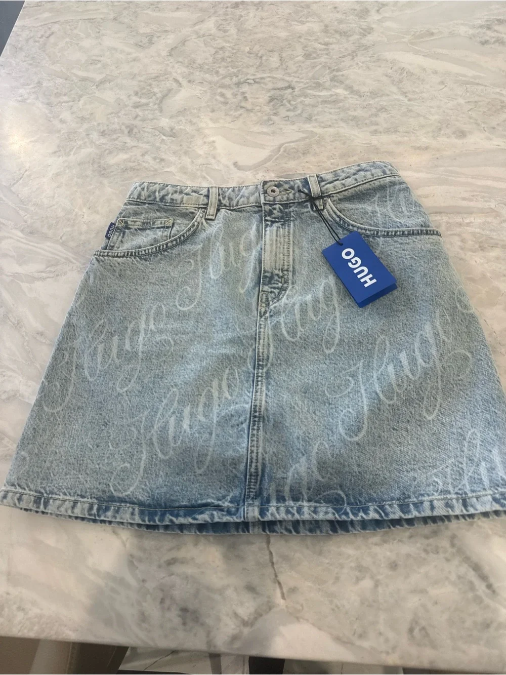 NWT HUGO Light Blue Denim Mini Skirt with Script Logo XS - Picture 3 of 9